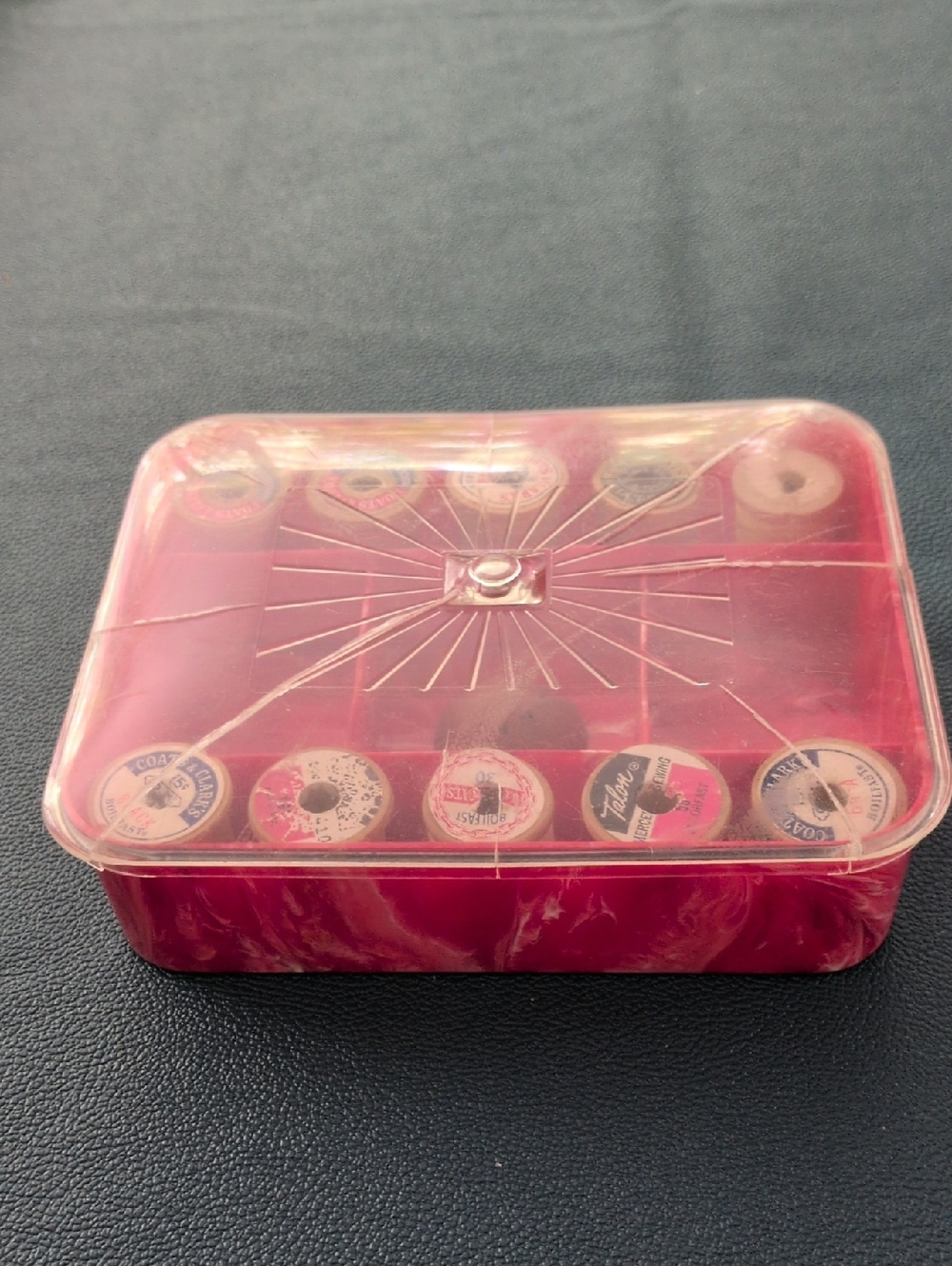 vintage sewing box with 10 small wooden spools